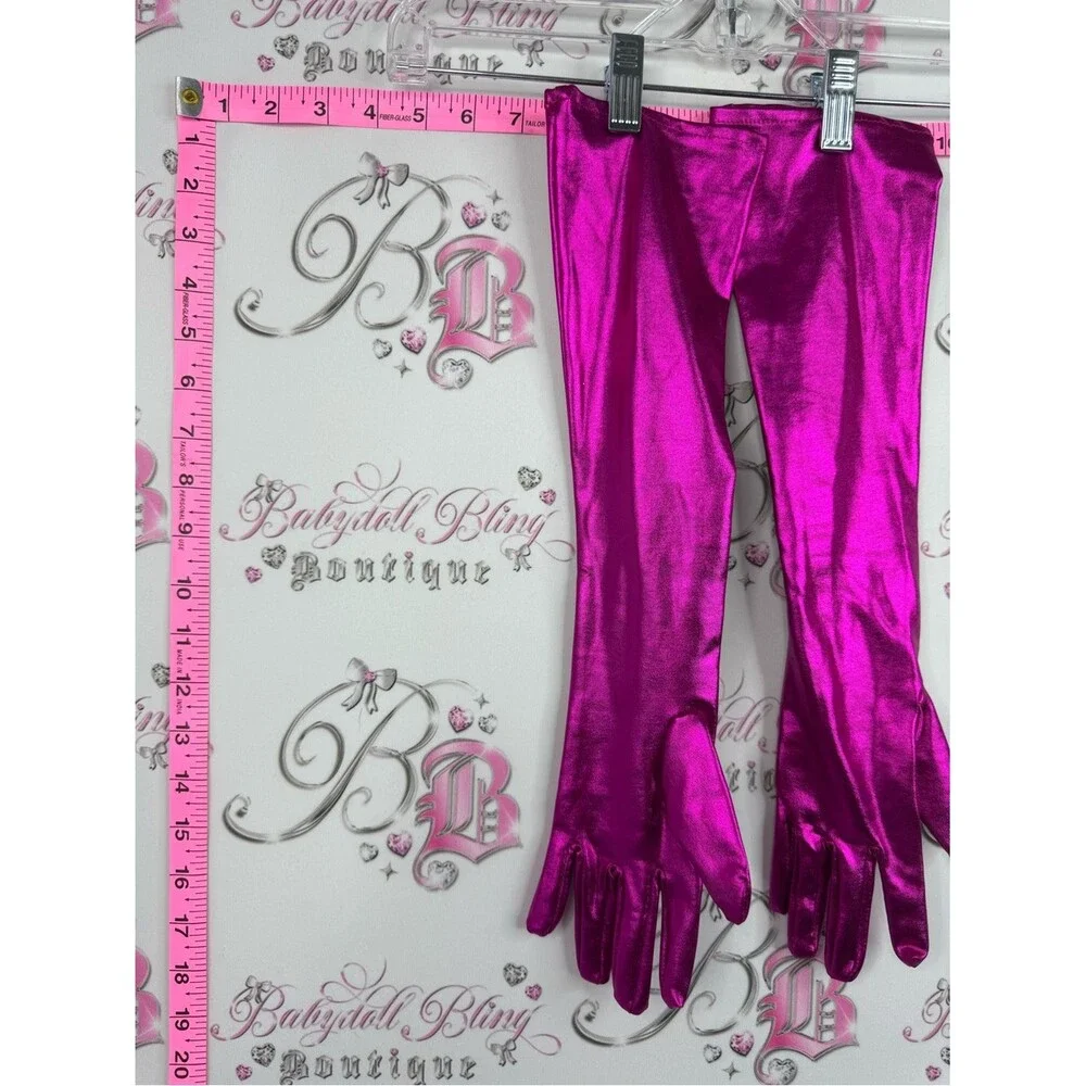 Long gloves shiny shimmer Metallic Fuchsia Gloves